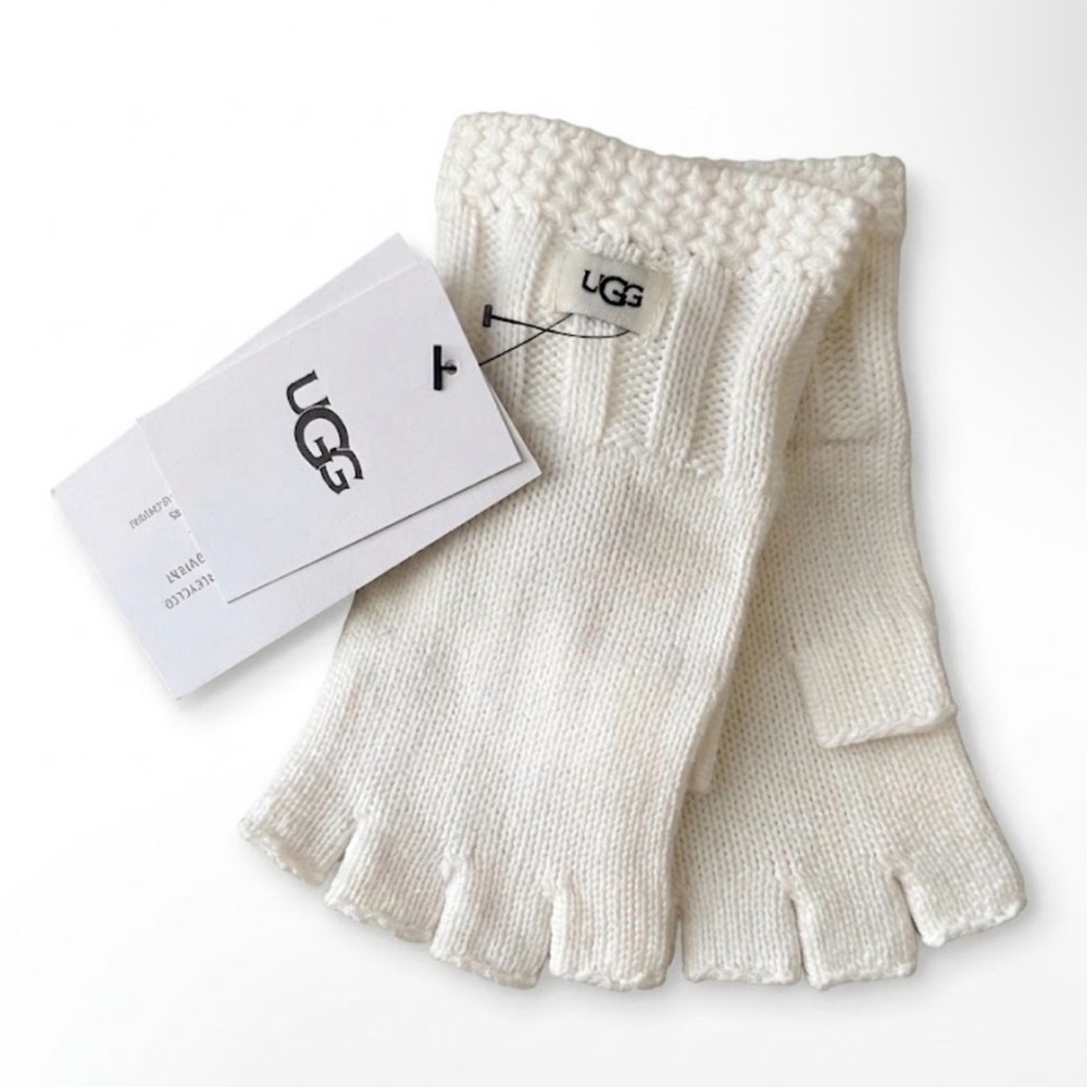 UGG Women's Fingerless Knit Gloves Ivory Ribbed Cozy | One Size